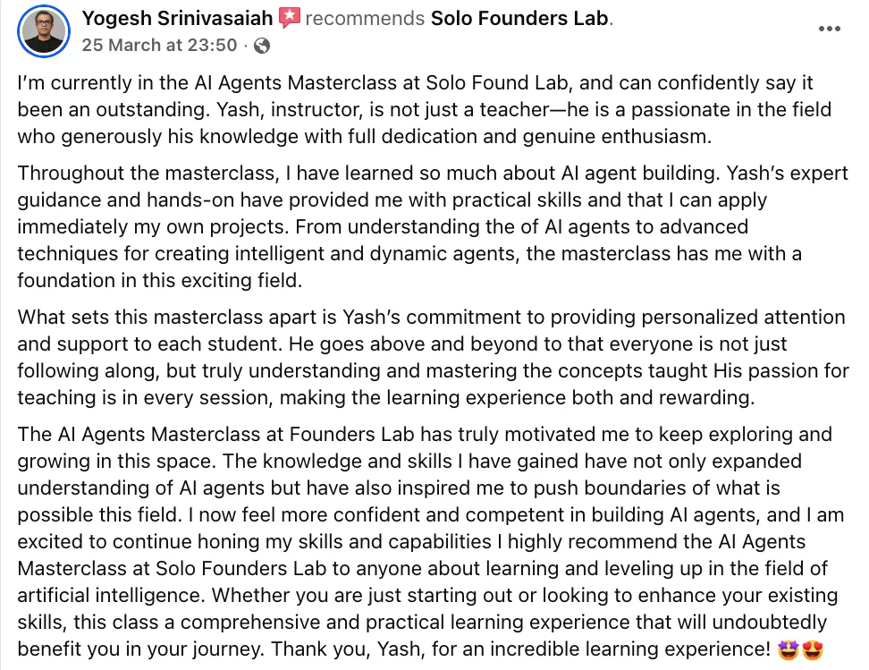 Yogesh Srinivasaiah recommends Solo Founders Lab