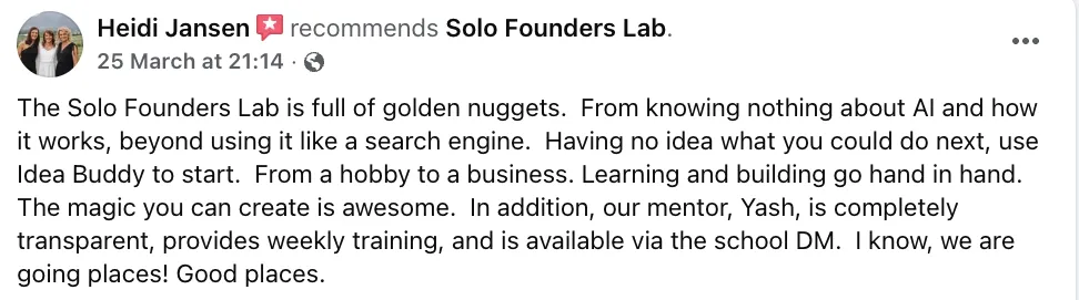 Heidi Janson recommends Solo Founders Lab